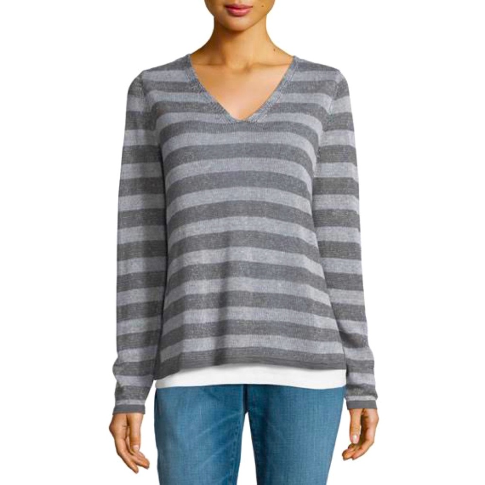 Eileen Fisher Gray Stripe Organic Linen V-Neck Sweater Size Large